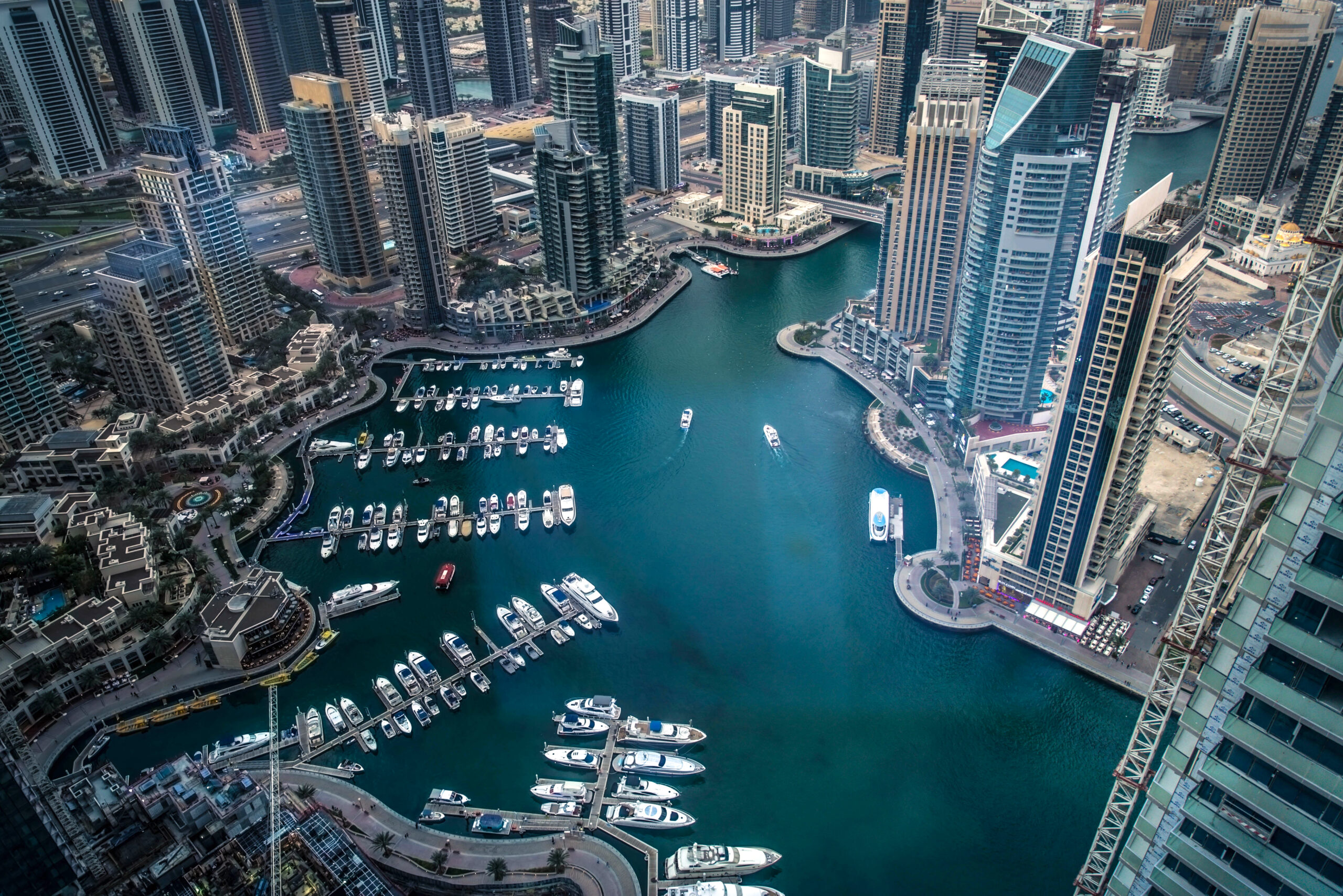 Aerial Shot of Dubai Marina Walk showing the charming architectures in UAE